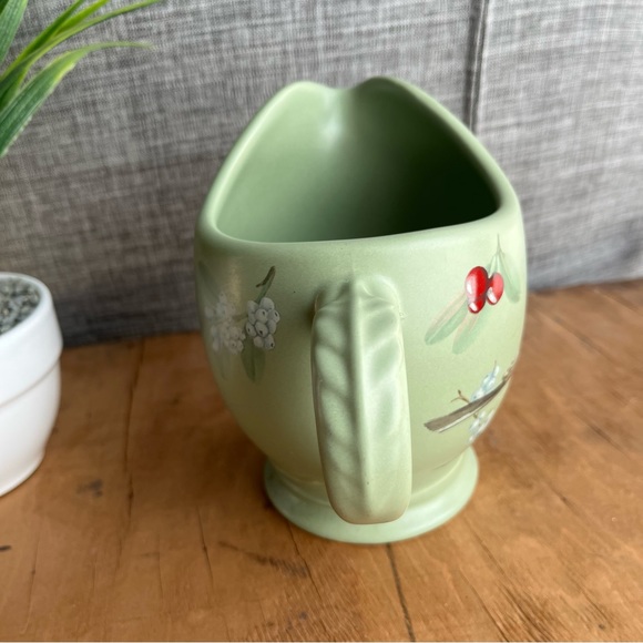 Pfaltzgraff Winterwood Pitcher Green with Birds Chickadees and Berries stoneware - Picture 4 of 5